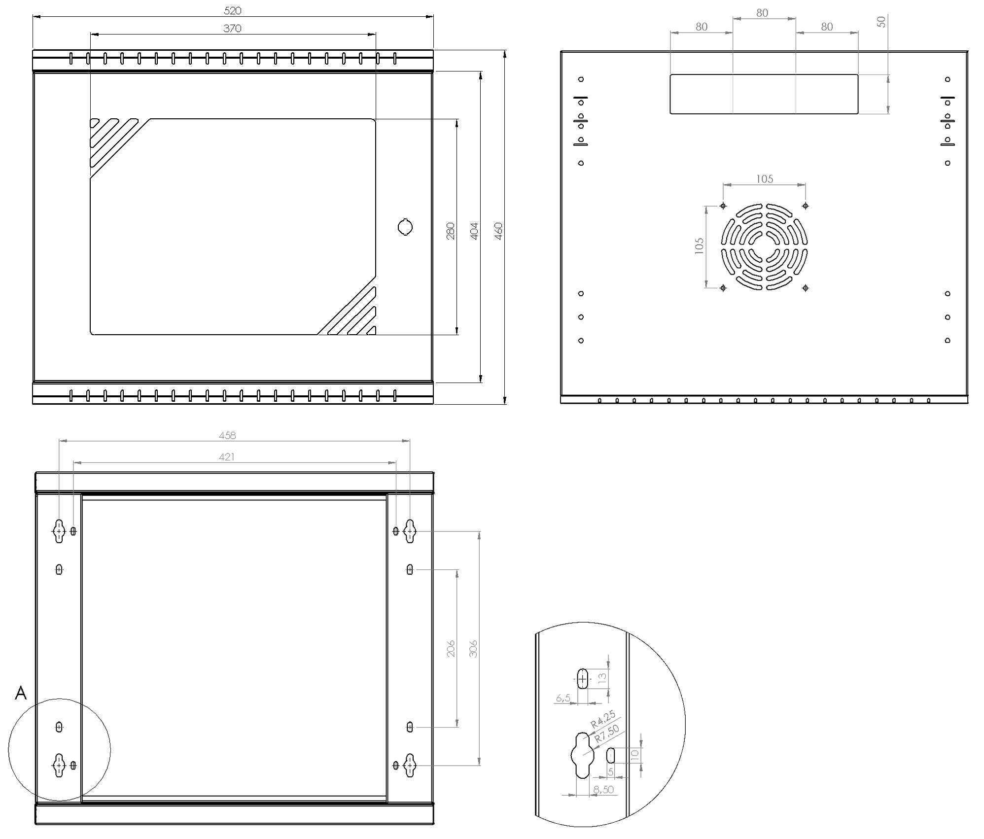  Technical drawing for 19" 9U 450mm server cabinet, door with glass. Front, top, rear.